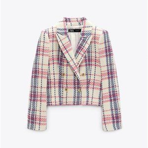 Zara XL Double-Breasted Plaid Blazer Pink/Blue/Cream - NEW WITH TAGS